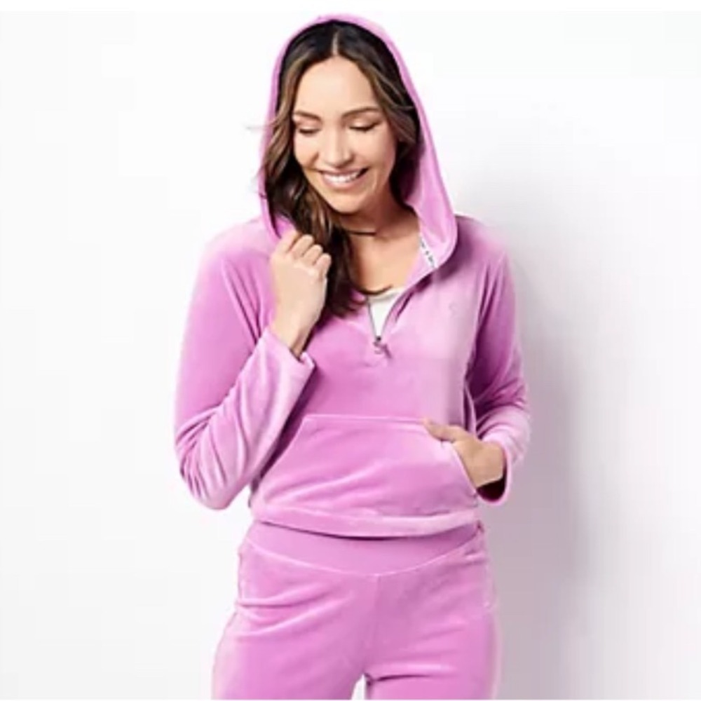 Juicy Couture Velour Cropped Hoodie Pink Rhinestone Logo Quarter‎ Zip